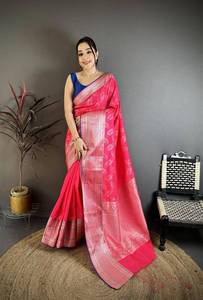 Sari de Seda Banarasi de Lujo con Bordado de Zari Plateado, Traje Tradicional Indio para Bodas - Product Image 1