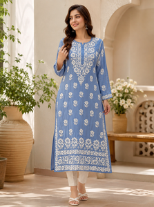 Best Selling Blue <b>Chikankari</b> Embroidered Kurti for Women Floral Ethnic Indian Long Tunic Traditional Casual Festive Wear - Product Image 1