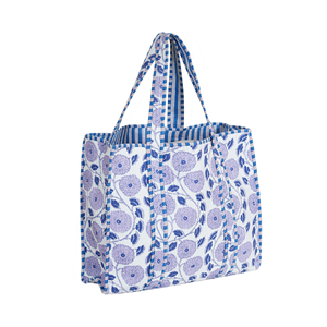 Quilted Cotton Open Tote <b>Bag</b> Women White Blue Marigold Block Print <b>Large</b> <b>Shoulder</b> <b>Bag</b> Handmade India Boho Beach Shopping <b>Bag</b> - Product Image 6