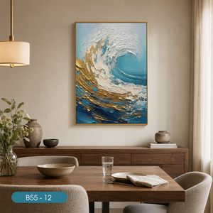 Peinture murale en soie de luxe très vendue, décoration intérieure, tissu en soie fait main, motif vague océanique or et blanc, modèle OEM ODM Vietnam - Product Image 5