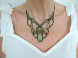 Handmade Green Macrame Gemstone <b>Necklace</b> Intricate Adjustable Boho Healing Ethnic <b>Statement</b> Jewelry - Product Image 1