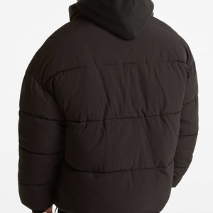 Men's Black Hooded Puffer <b>Jacket</b> Zipper Closure Windproof Casual <b>Winter</b> Coat Polyester Filling Regular Fit - Product Image 3