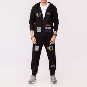 Ensemble de survêtement décontracté pour homme, à la mode, noir, avec cordon de serrage, léger, 100% coton, sweat-shirt à manches longues et pantalon - Product Image 1