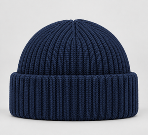 Custom Embossed SE Fisherman Beanie <b>Hat</b> Deep <b>Navy</b> Rib Knit Folded Cuff Winter Warm Unisex Vintage 100% Cotton LED Display Screen - Product Image 3