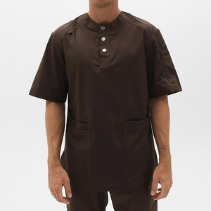 Unisex <b>Brown</b> Scrub Set Spandex/Polyester Woven Hospital Uniforms Pockets Button Neck Design High Quality Needle Detection - Product Image 5