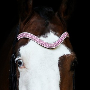 Bandeau de tête pour cheval en cuir noir à 5 rangées de cristaux roses et blancs de qualité supérieure, forme vague, pour bride anglaise - Product Image 1