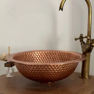 Vasque de salle de bain ronde en cuivre brossé martelé, faite à la main, durable, de luxe, pour comptoir de salle de bain ou de cuisine, décoration moderne - Product Image 3