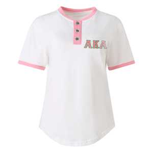 Camisa Henley Premium AKA Blanca, Rosa y Verde para Mujer, Manga Corta, Cuello con Botones, Estilo Griego Informal - Product Image 1