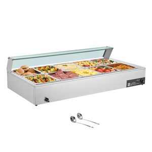Scaldavivande Elettrico Commerciale 1700W in Acciaio Inox con 10 Vasche, Buffet da Banco con Coperchio in Vetro e Controllo Manuale della Temperatura - Product Image 1