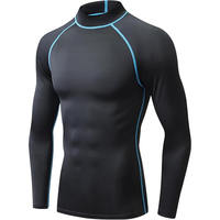 Camiseta de Compresión Negra para Hombre, Cuello Redondo, Manga Larga, Costuras en Contraste Azules, Protección Solar UPF50+, Diseño Personalizable