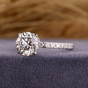 Anillo de compromiso de oro sólido blanco de 10K, Diamante cultivado en laboratorio de corte redondo con juego de pavé, anillo de promesa de boda de moda para mujer, Halo Doble - Product Image 3