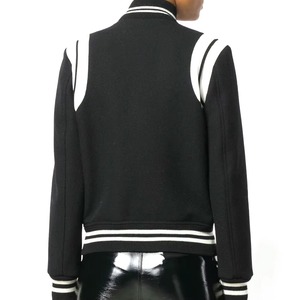 Women's Black Varsity Jacket Full Sleeve Solid Color Stand Collar Button Closure Autumn Wear Contrast Trim - Product Image 5