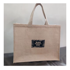 Bolso de mano de yute ecológico al por mayor indio con asas de correas de algodón, bolso de compras reutilizable de arpillera Natural impreso personalizado - Product Image 3