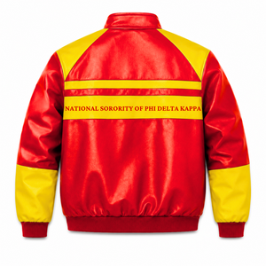 Veste en cuir personnalisée NSPDK Sorority rouge et or avec logo brodé, style décontracté pour femme, doublure en polyester. - Product Image 3