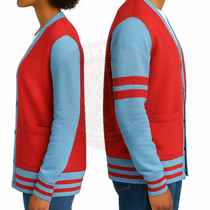 Cardigan en coton molletonné tricoté contrastant rouge et bleu pour homme et femme avec poches, col en V, manches longues, à porter toute l'année - Product Image 4