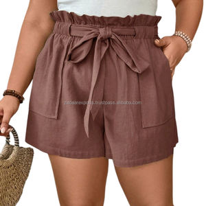 Derniers shorts décontractés taille haute pour femmes Ourlet à volants uni avec cordon de serrage Respirant Tissé écologique avec poches Motif chaud - Product Image 1