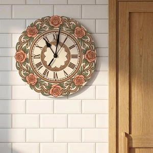 Horloge murale ronde en résine avec motif de roses, chiffres romains, design analogique à quartz traditionnel pour la décoration du salon - Product Image 5
