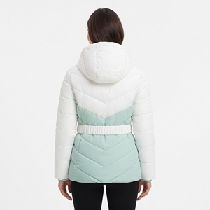 Women's Color Block <b>Belted</b> Puffer Coat Hooded Quilted Winter Jacket Warm Padded Outdoor Casual Fashion Outerwear New Winter Wear - Product Image 2