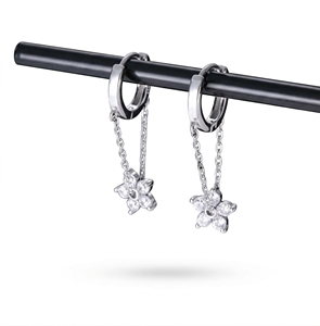 Elegant Flower Design Hoop Dangle <b>Drop</b> Chain Earrings Lab Grown Diamond 14K 18K White Solid Gold Fine Hoop Dangle <b>Drop</b> Earrings - Product Image 5