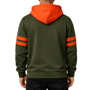 Sudadera con Capucha para Hombre, Diseño Moderno en Verde Oliva y Naranja, Venta al Por Mayor OEM, Sudadera con Capucha de Dos Tonos y Mangas a Rayas - Product Image 4