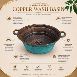 Handcrafted <b>Round</b> Copper Vessel Wash <b>Basin</b> with Side Handles Hammered Bathroom Sink Luxury Countertop <b>Basin</b> for Home Hotel Villa - Product Image 5