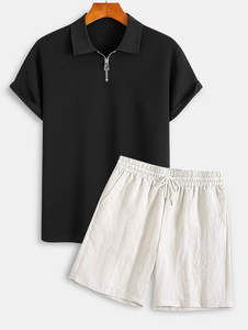 Men's Black Polo Shirt And White Shorts Set Breathable Knitted Casual Summer Sportswear - Product Image 2