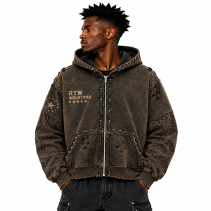 RTW Industries <b>Men's</b> Oversized <b>Hooded</b> Zip-Up <b>Denim</b> <b>Jacket</b> Camouflage Print Streetwear Style Stonewashed Brown - Product Image 6