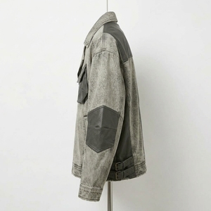 Acid Wash <b>Grey</b> Biker <b>Coat</b> Leather Patchwork Asymmetric Zip Outerwear Streetwear <b>Mens</b> Vintage Denim Motorcycle Jacket - Product Image 4