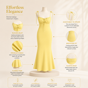 Elegante Vestido Maxi Amarillo Crema con Volantes Estilo Sirena para Mujer |   Vestido de Noche Ajustado sin Mangas con Tirantes para Fiesta, Cóctel o Boda - Product Image 5