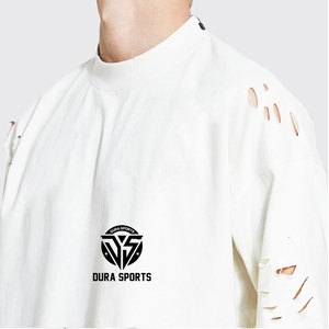 T-shirt déchiré personnalisé avec logo imprimé pour hommes, manches courtes, décontracté, 100 % coton, coupe ample - Product Image 3