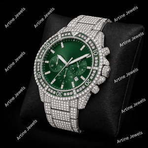 Reloj cronógrafo con esfera verde Iced Out, bisel de cristal plateado, reloj de pulsera de lujo para hombre - Product Image 2