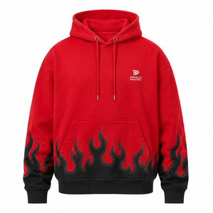 <b>Red</b> Oversized <b>Men's</b> Hoodie With Flame Print Cotton Fleece Casual Streetwear Pullover Hooded <b>Sweatshirt</b> - Product Image 1
