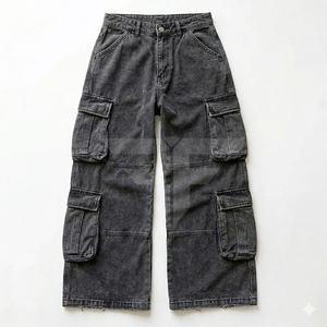 Pantalon cargo gris multi-poches à jambes larges, style streetwear vintage, denim, pantalon utilitaire pour homme, coupe ample, vêtements décontractés - Product Image 1