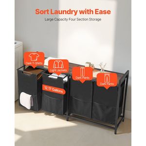 Organisateur de Linge Autoportant à 4 Compartiments avec Grande Structure Métallique et Plateau en Bois – Paniers de Rangement pour un Tri Efficace du Linge - Product Image 3