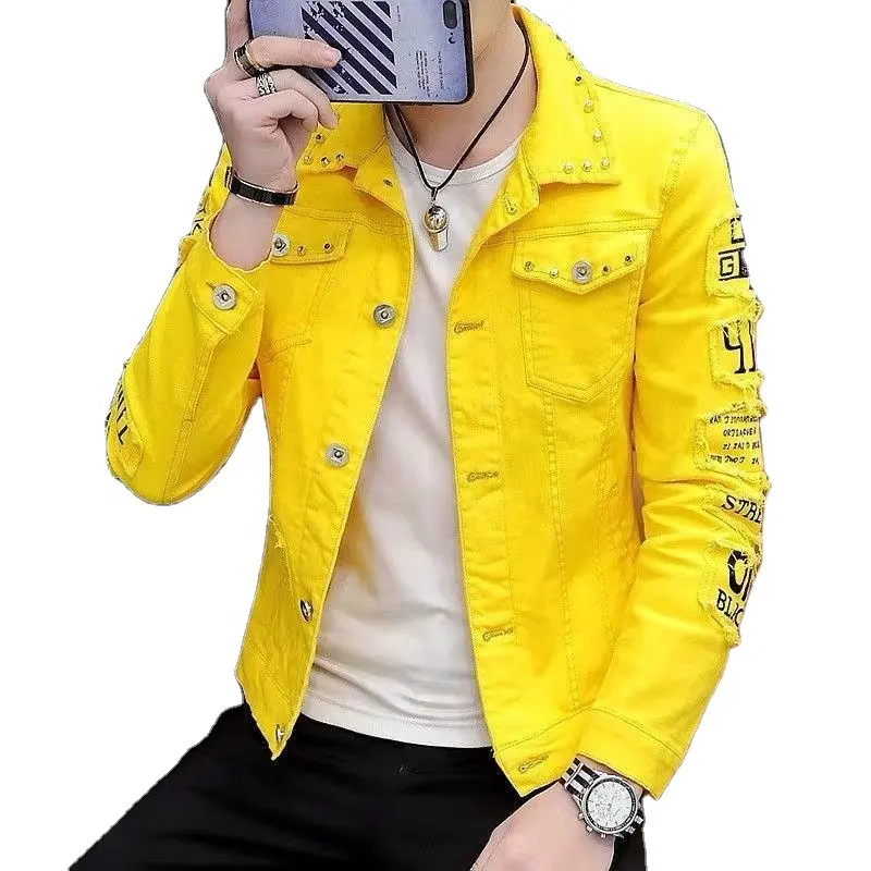 Джинсовая куртка мужская с заклепками, модная облегающая хлопковая уличная одежда в стиле хип-хоп, повседневные брюки из денима, пальто