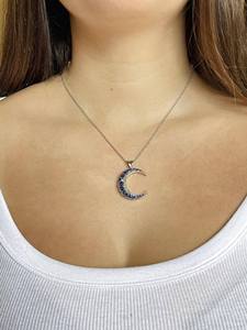 Half Moon Pendant Cushion Sapphire and Round Moissanite Gemstone 925 Sterling <b>Silver</b> Fine Jewelry Pendant <b>Charm</b> Gift - Product Image 6