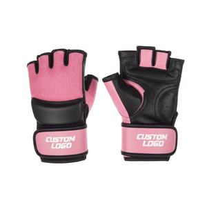 Gants d'entraînement MMA sans doigts avec logo personnalisé, en cuir PU rose et noir - Product Image 1