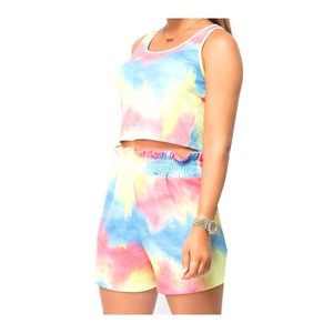 Women Pastel <b>Rainbow</b> Cloud Wash Tie Dye Two Piece Set <b>Crop</b> Tank <b>Top</b> Smocked High Waist Mini Shorts Summer Beach Casual Set - Product Image 3