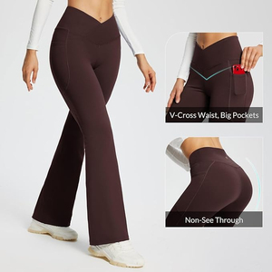 Leggings de yoga taille haute à jambe évasée, longueur intégrale, noir uni, en Spandex et Nylon, sans couture, extensibles dans les quatre sens, taille élastique - Product Image 3