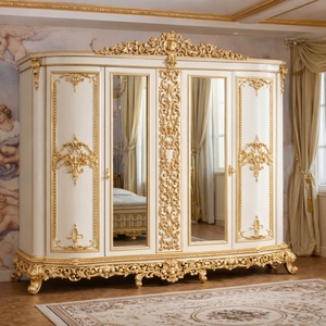 Elegant Classic <b>Wardrobe</b> European Style Double Mirror Door Solid Mahogany Wood Ivory Gold Luxury Bedroom Furniture Customized - Product Image 1
