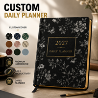 Agenda quotidien LABON personnalisé 2027, couverture rigide en tissu floral botanique Midnight, bords dorés, journal de productivité, papeterie
