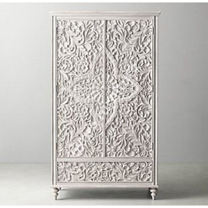 Luxury Handcrafted Solid Wood 2 Door <b>Wardrobe</b> Ornate Floral Carving Distressed White Finish Armoire - Product Image 4