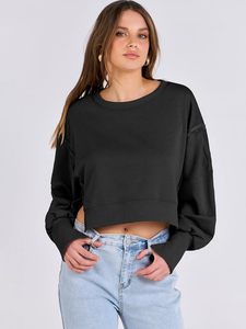Sudadera Corta Negra para Mujer, Cuello Redondo, Manga Larga, Tejido Sólido, Estilo Oversize, para Otoño, con Hombros Caídos - Product Image 1