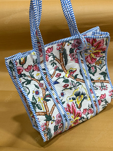 Handcrafted Quilted Floral Tote <b>Bag</b> White Blue Trim Printed <b>Fabric</b> Shoulder Handbag Lightweight Everyday Carry Shopping <b>Bag</b> - Product Image 2