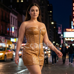 ขายส่งชุดมินิเดรสคอร์เซ็ท PVC สีทองมีซิปด้านหน้าไม่มีสายหนังบอดี้คอนปาร์ตี้แวร์คลับแวร์ชุดแฟชั่นสตรี - Product Image 4