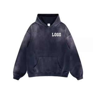Custom Distressed Embroidery Winter Pullover Hoodie 100% Cotton Heavyweight Oversized Streetwear Vintage <b>Acid</b> <b>Wash</b> Men - Product Image 2