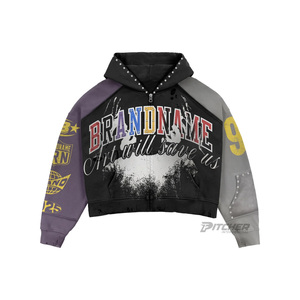 Sweat à capuche zippé court épais en coton, coupe ample, effet vieilli, avec logo personnalisé, unisexe, streetwear d'hiver, impression numérique et broderie - Product Image 2