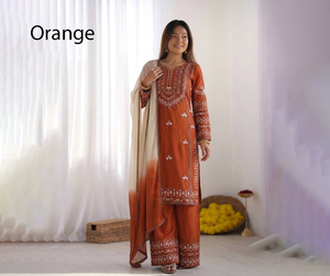 Salwar Kameez en coton orange pour femme, tenue formelle traditionnelle mi-longue, style Inde Pakistan, coupe classique, infroissable, pour mariage - Product Image 1