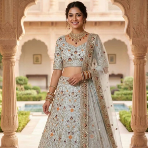 Lehenga Choli de luxe blanc brodé avec dupatta en tulle – Travaux de broderie Zari et fils multicolores de haute qualité pour mariée et mariage - Product Image 1