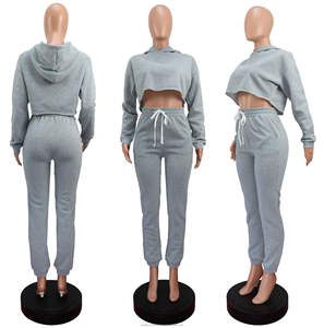 New Fall Clothes <b>Women</b> Solid Long Sleeve Custom Two <b>Pieces</b> Crop Top Hoodie Sweat suit Thicken Warmth <b>2</b> <b>Piece</b> <b>Set</b> - Product Image 3